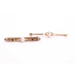 A lot of two pearl bar brooches, one consisting of four pearls sizing 2.5 and 3.8 mm, set on a 9ct