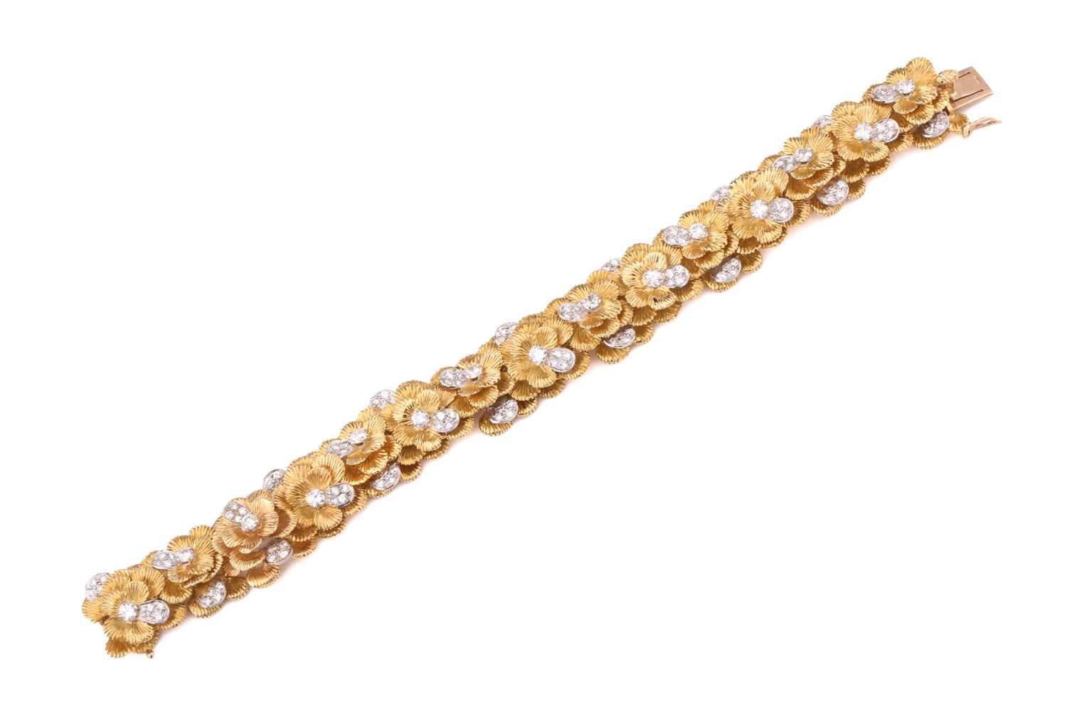 A Kutchinsky platinum and 18ct yellow gold diamond bracelet, comprises articulated links in form - Image 3 of 8