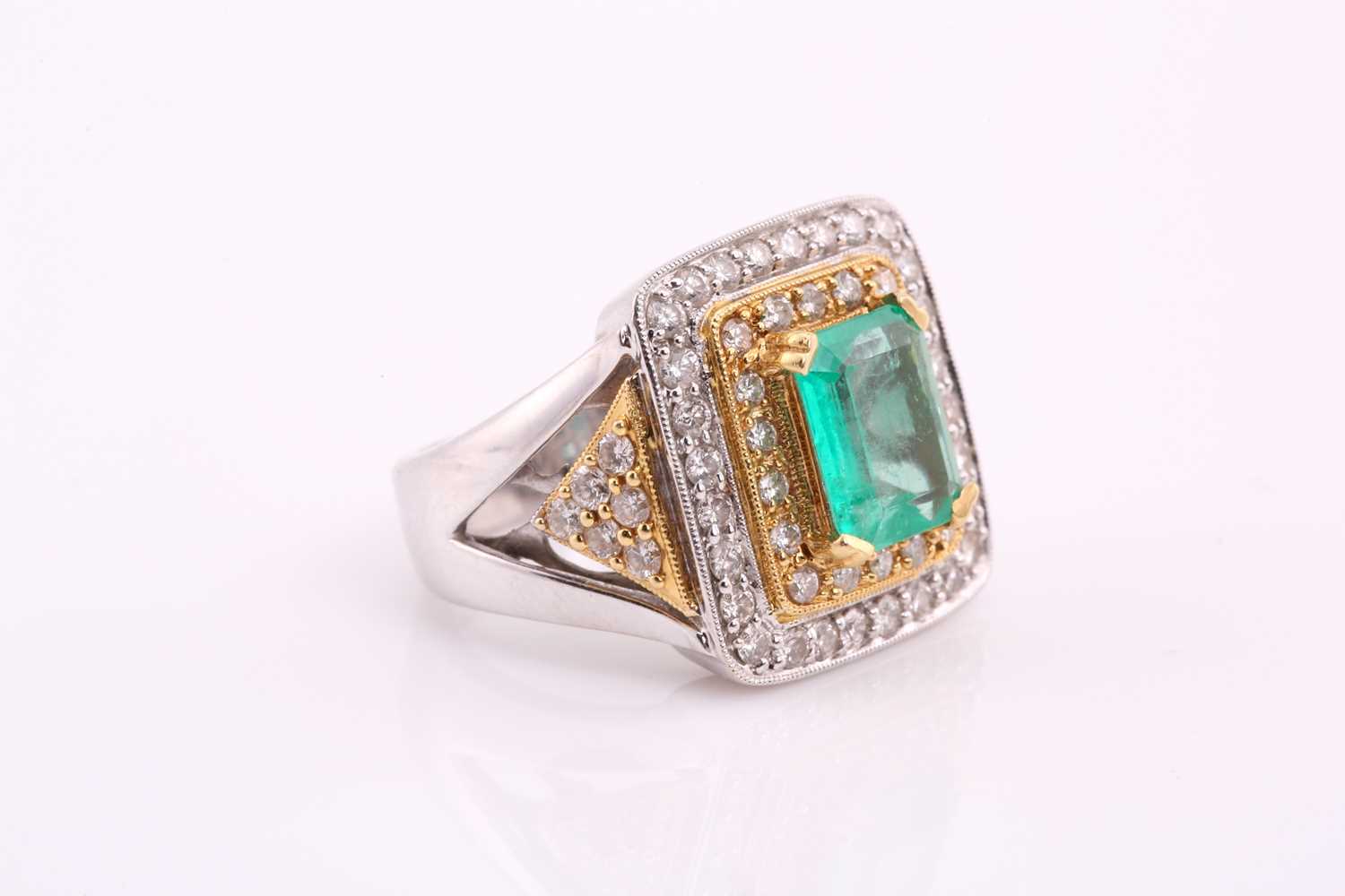 An emerald and diamond three-tier dress ring, consisting of a central emerald-cut emerald, - Image 7 of 10