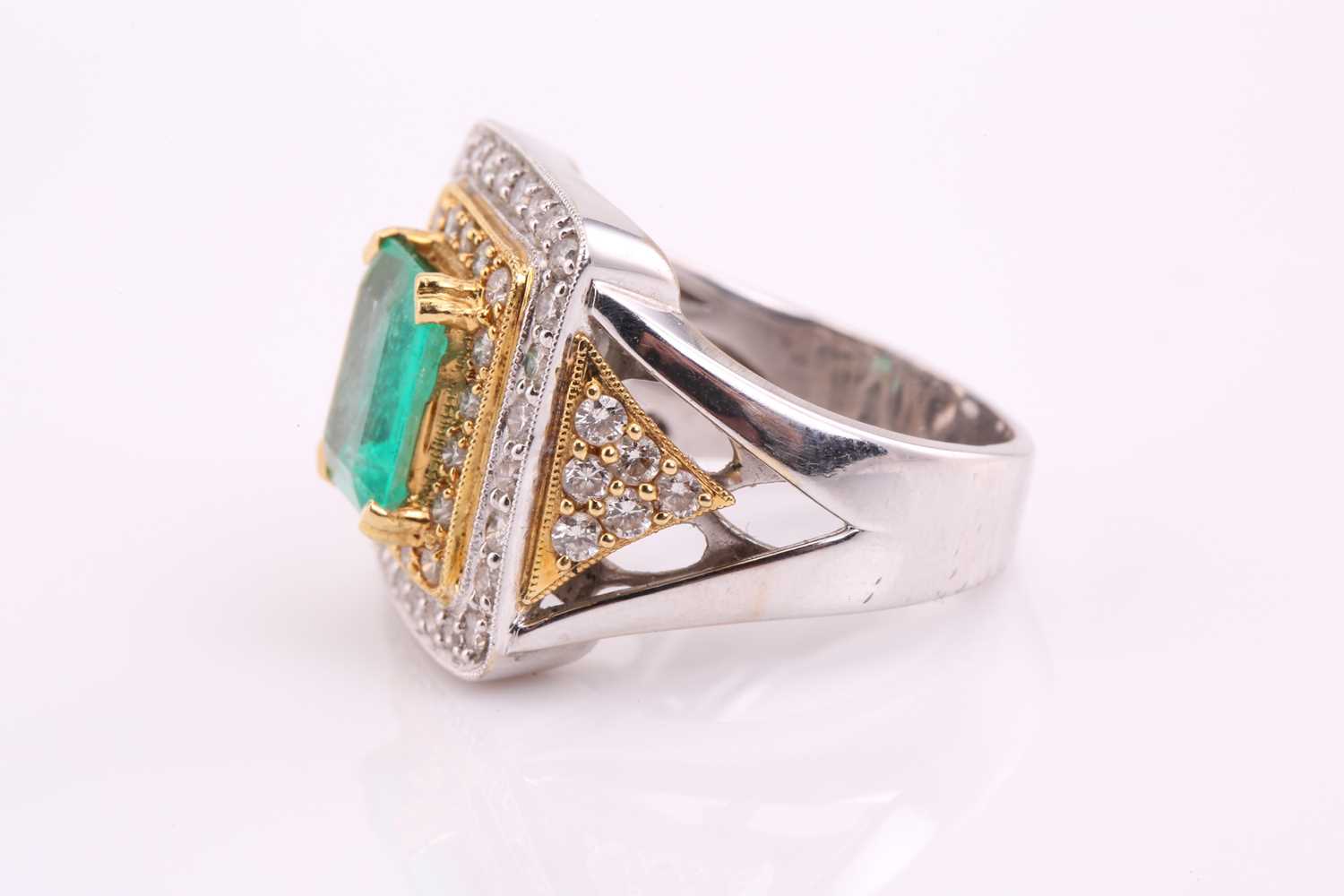 An emerald and diamond three-tier dress ring, consisting of a central emerald-cut emerald, - Image 5 of 10