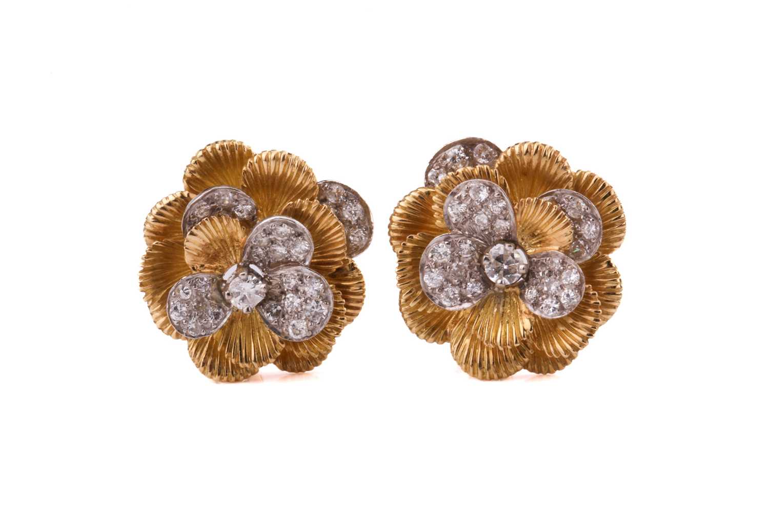 A pair of Kutchinsky platinum and 18ct yellow gold diamond earrings, each comprises a flower head - Image 6 of 6