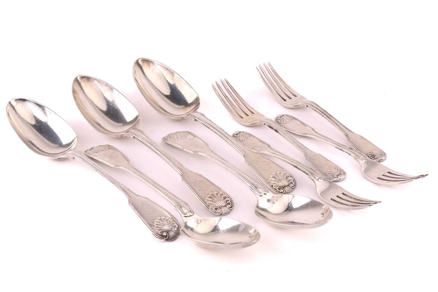 A mixed quantity of fiddle thread and shell flatware; comprising five tablespoons, three London 1828