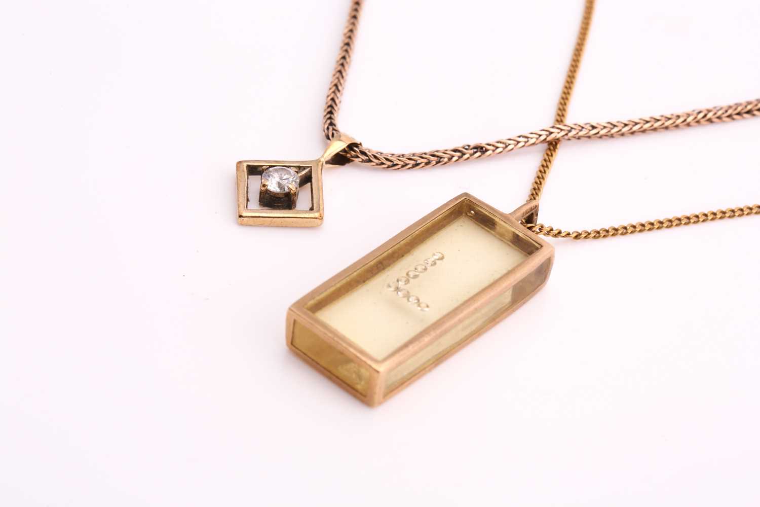 Two pendant necklaces, one consisting of 'floating' gemstones in a transparent rectangular prism - Image 2 of 4