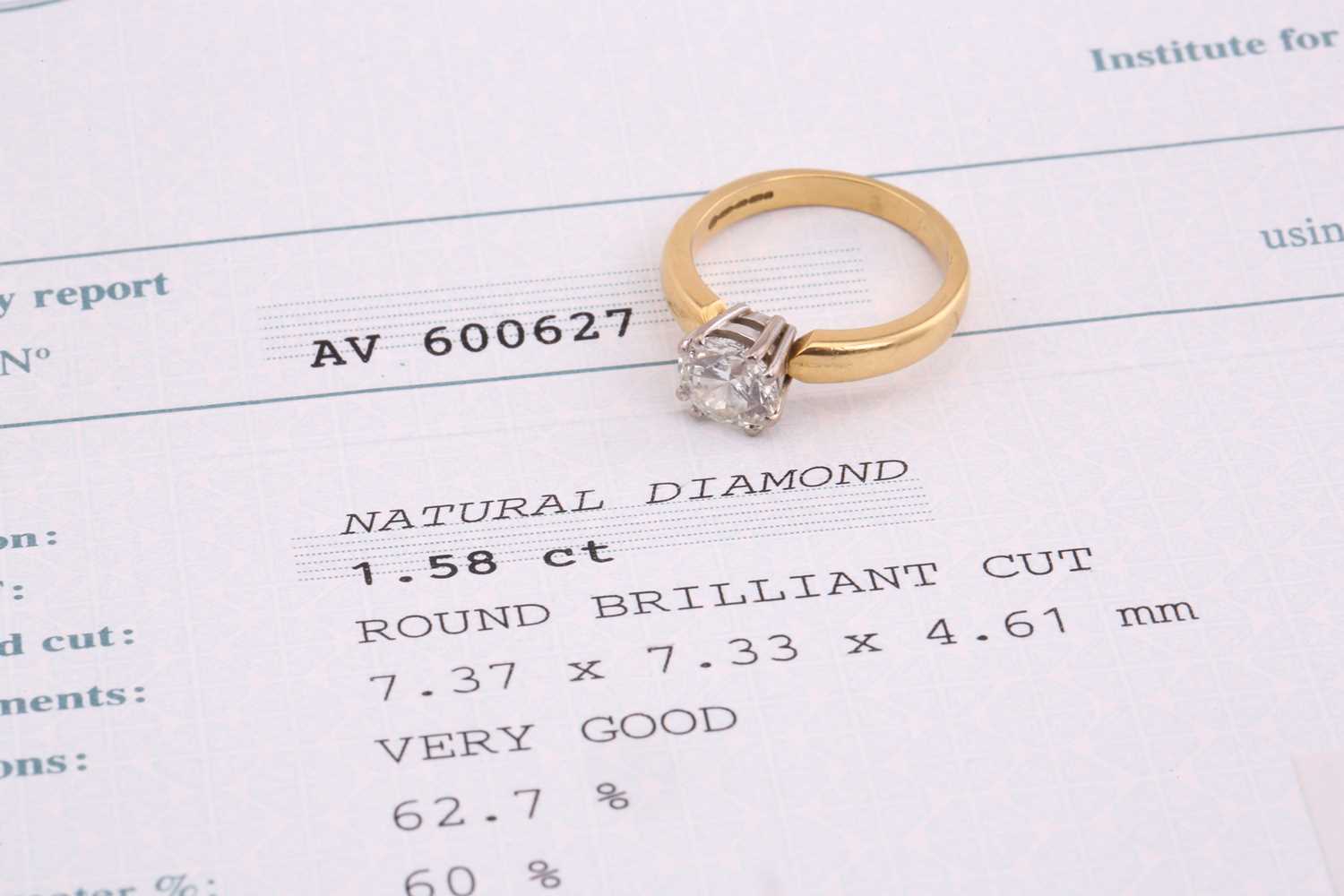 An 18ct gold diamond solitaire ring, with a round brilliant diamond weighing 1.58ct, H colour, VS2 - Image 8 of 10