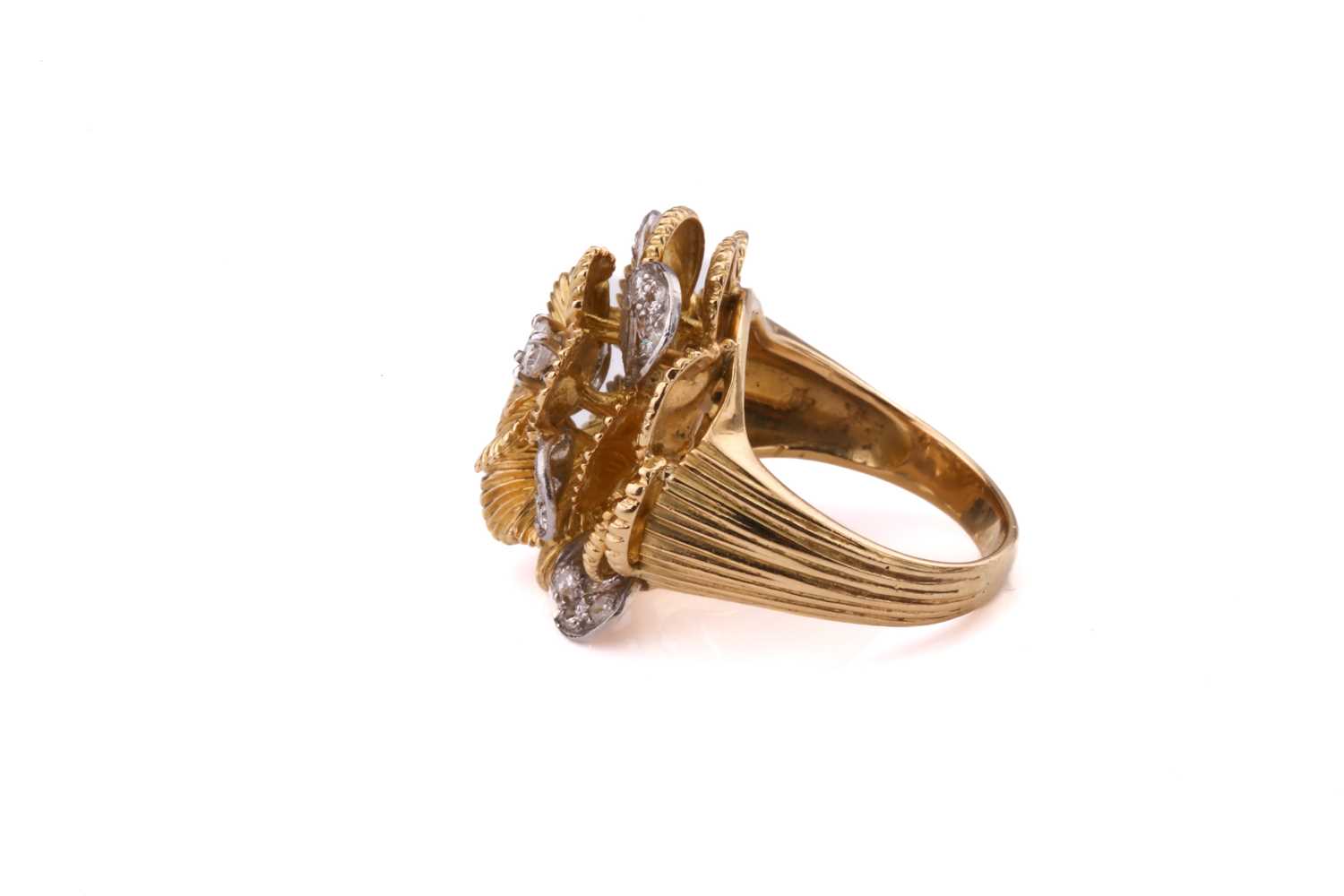 A Kutchinsky platinum and 18ct yellow gold diamond ring, comprises a flower head with layering - Image 4 of 10