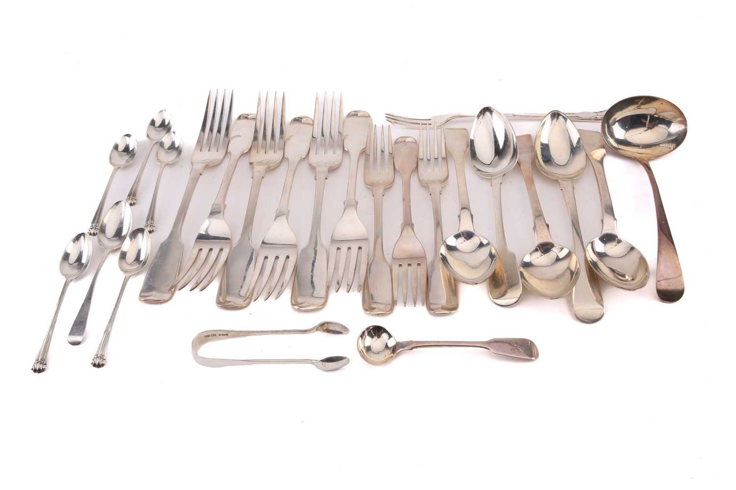 A matched set of six Victorian fiddle pattern silver forks and other silver flatware. A mixed