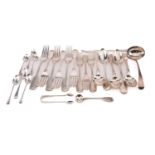 A matched set of six Victorian fiddle pattern silver forks and other silver flatware. A mixed