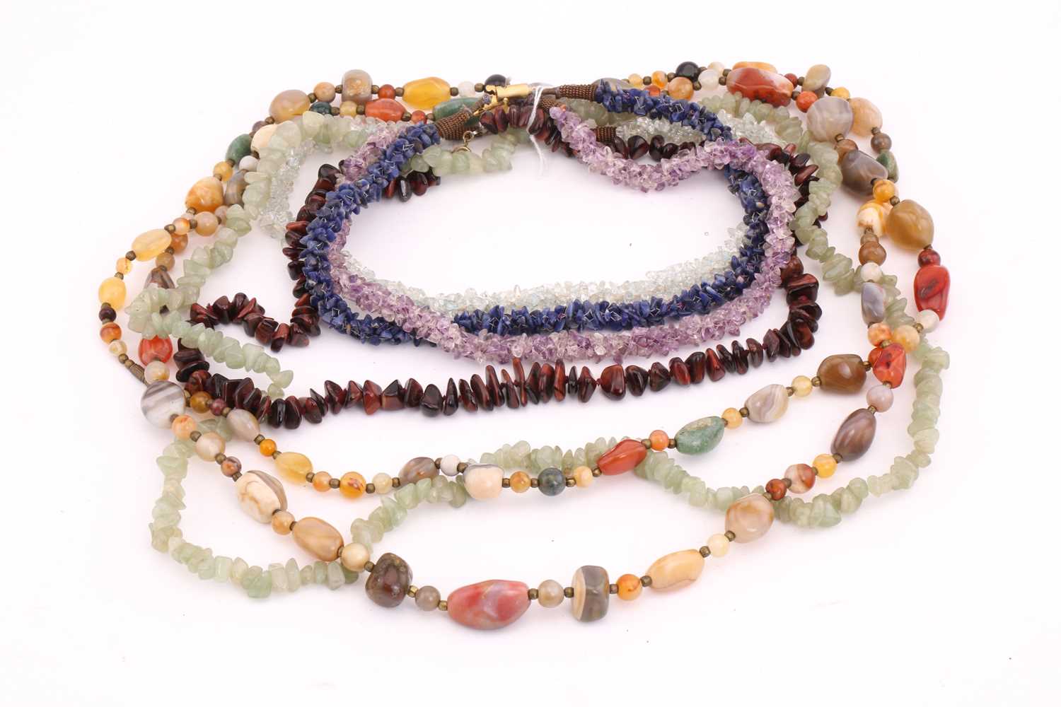 Assorted bead necklaces from semi-precious stones, a string of kumihimo braided sodalite chip beads,