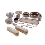 A small collection of silver items to include bonbon dish, wine coasters, suffer tray and other