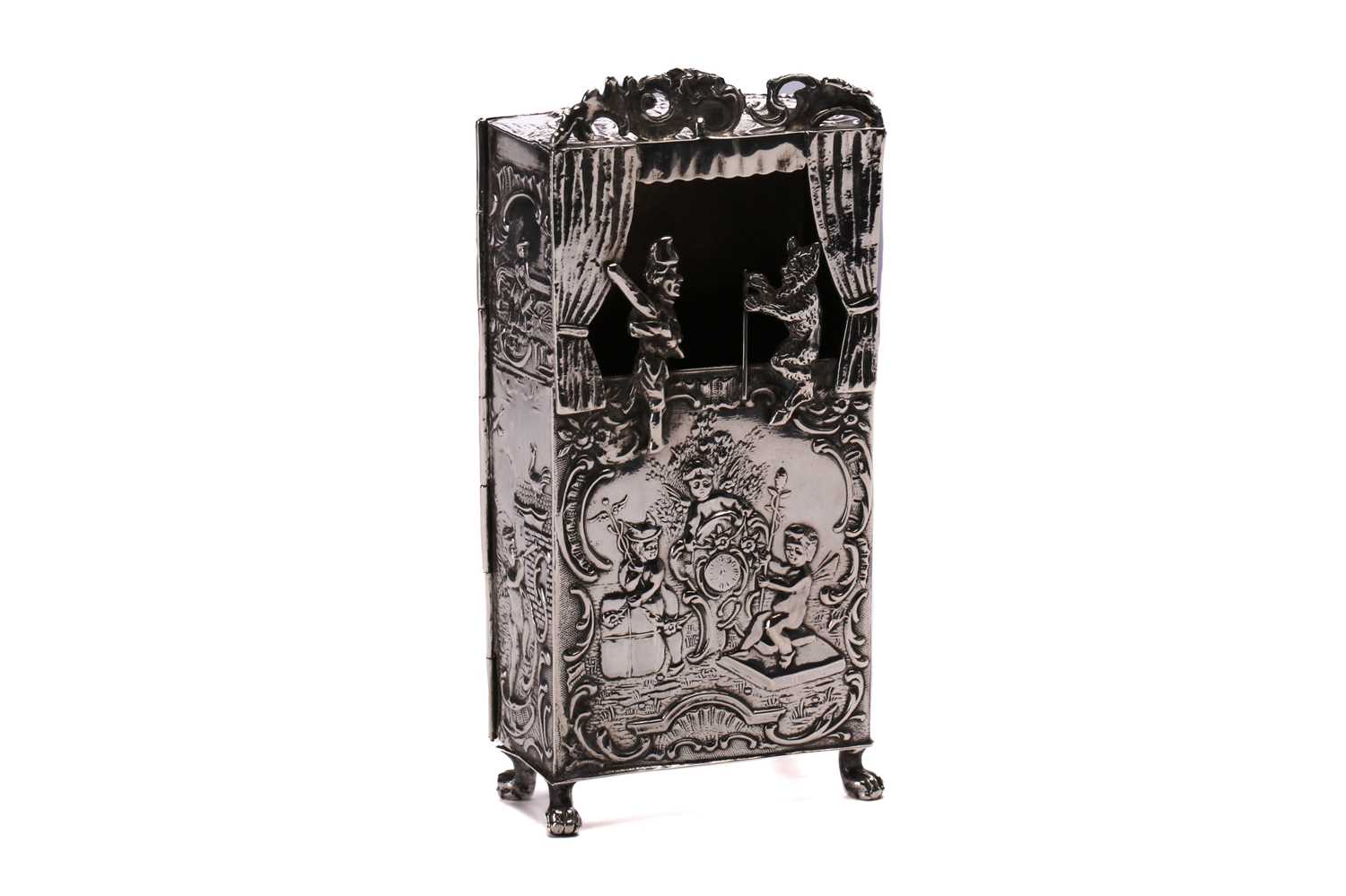 An unusual Probably Dutch late 19th century silver Punch and Judy hinged table box, bearing import