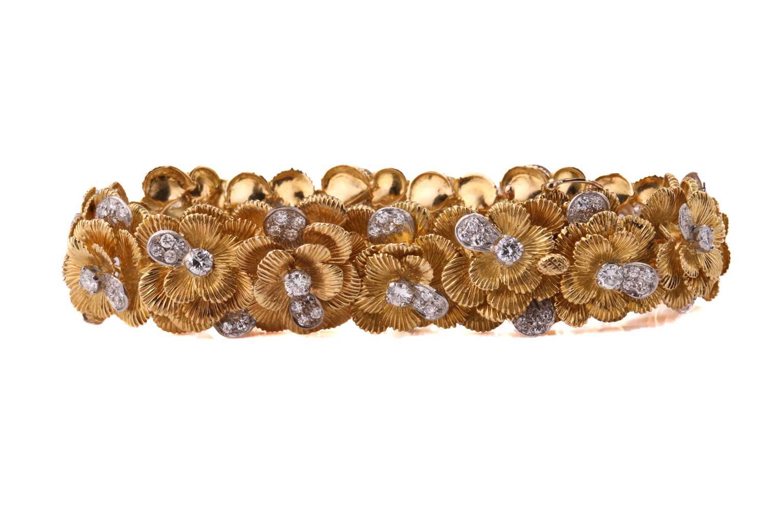A Kutchinsky platinum and 18ct yellow gold diamond bracelet, comprises articulated links in form - Image 2 of 8