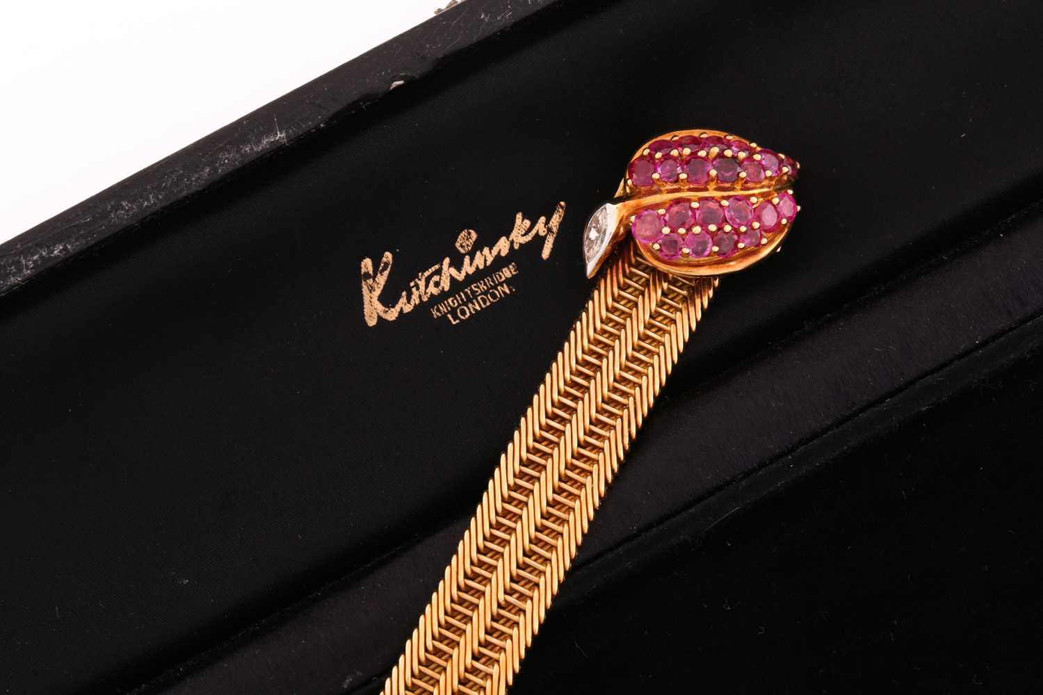 A Kutchinsky ruby and diamond slide bracelet, comprises an 18ct yellow gold woven link terminates - Image 5 of 10