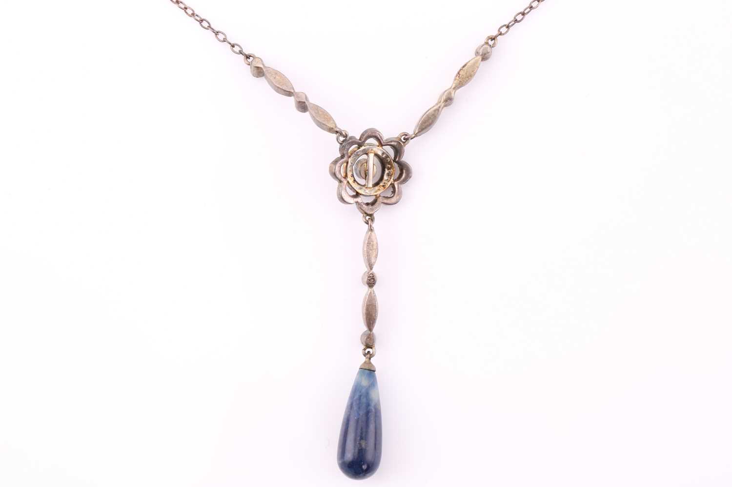 A silver drop necklace with blue and white stones, consisting of a target pendant and a sodalite - Image 3 of 3