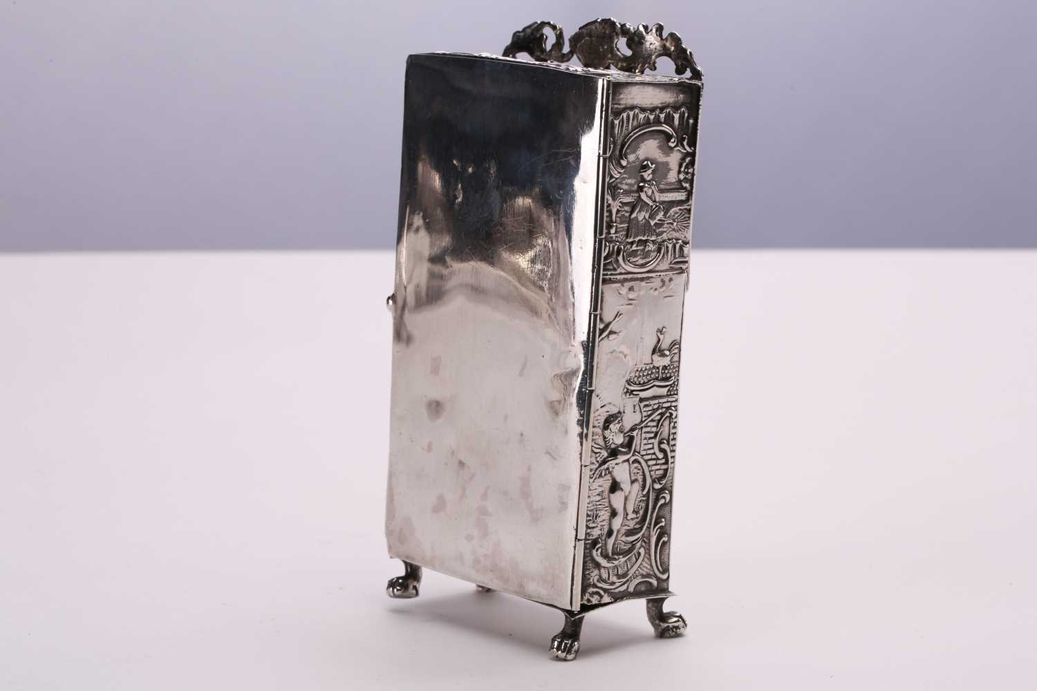 An unusual Probably Dutch late 19th century silver Punch and Judy hinged table box, bearing import - Image 6 of 7