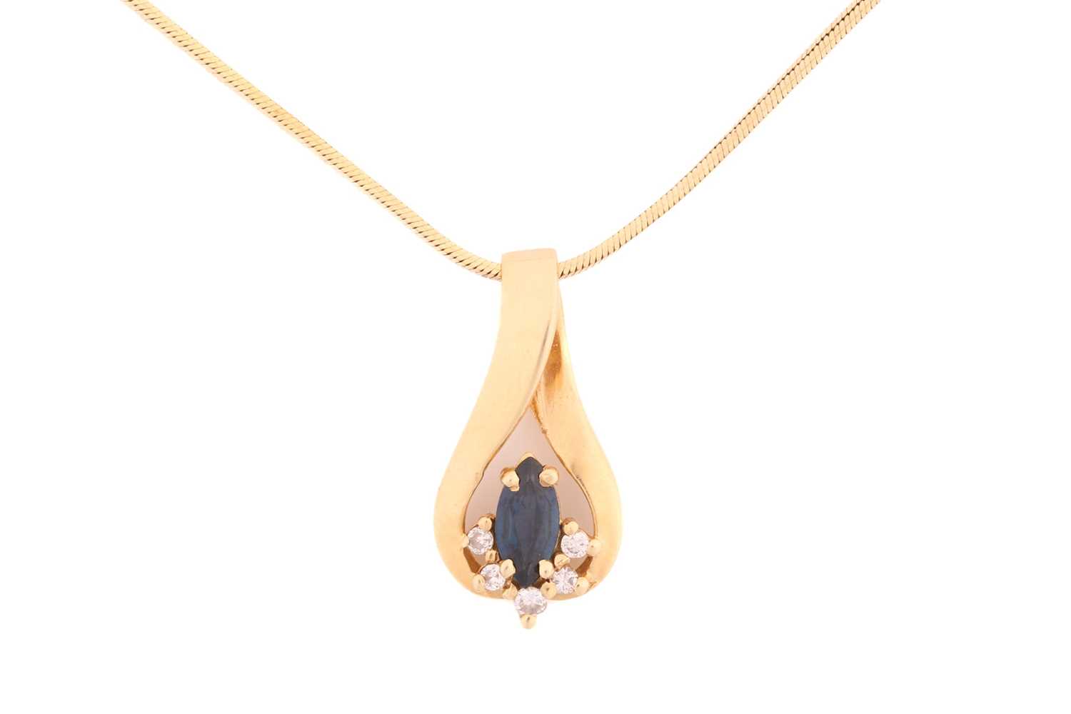 A sapphire and diamond pendant on chain, consisting of a marquise-shaped sapphire with deep body