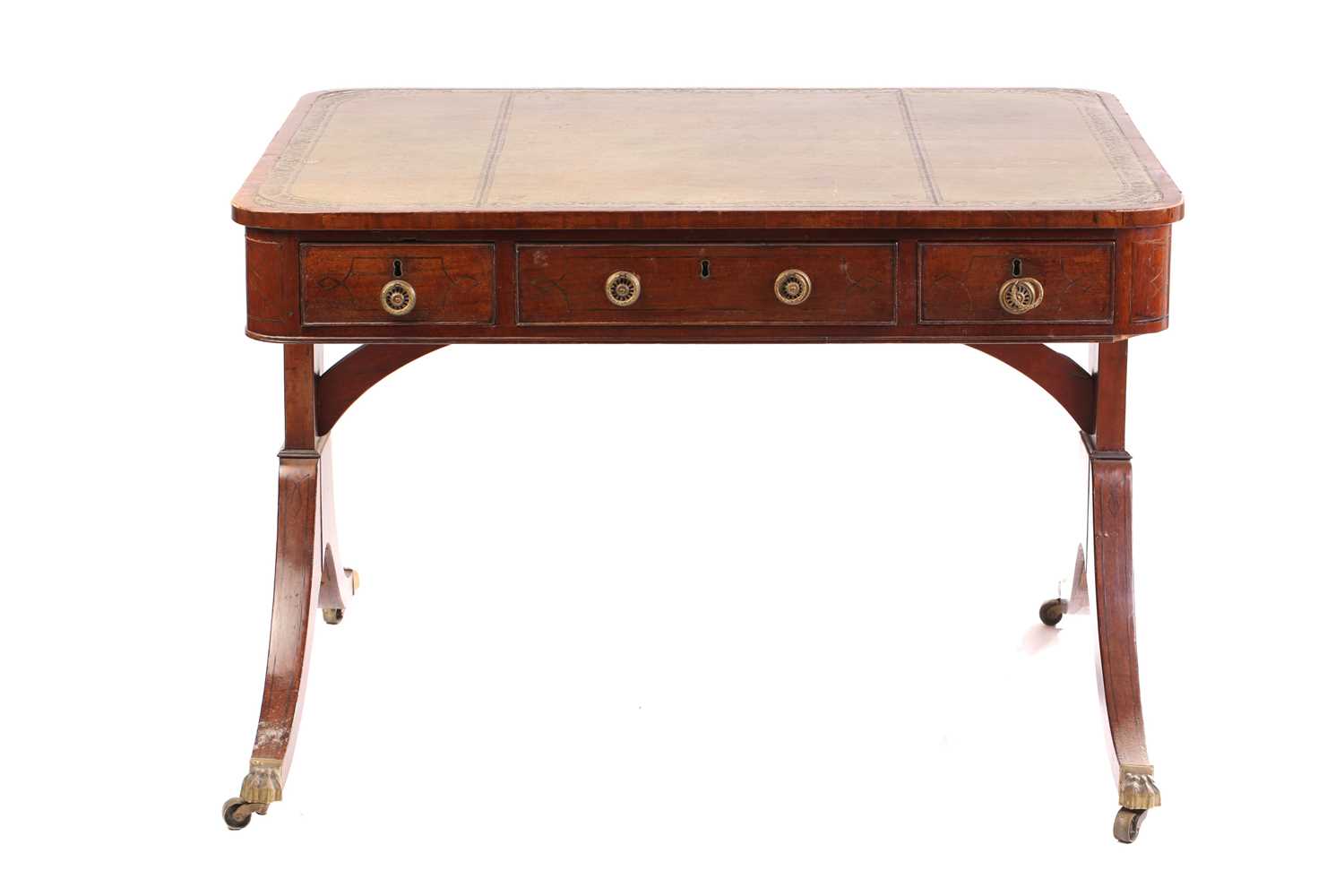 An unusual George IV ebony strung library table with crossbanded and tooled leather inset top with - Image 3 of 5