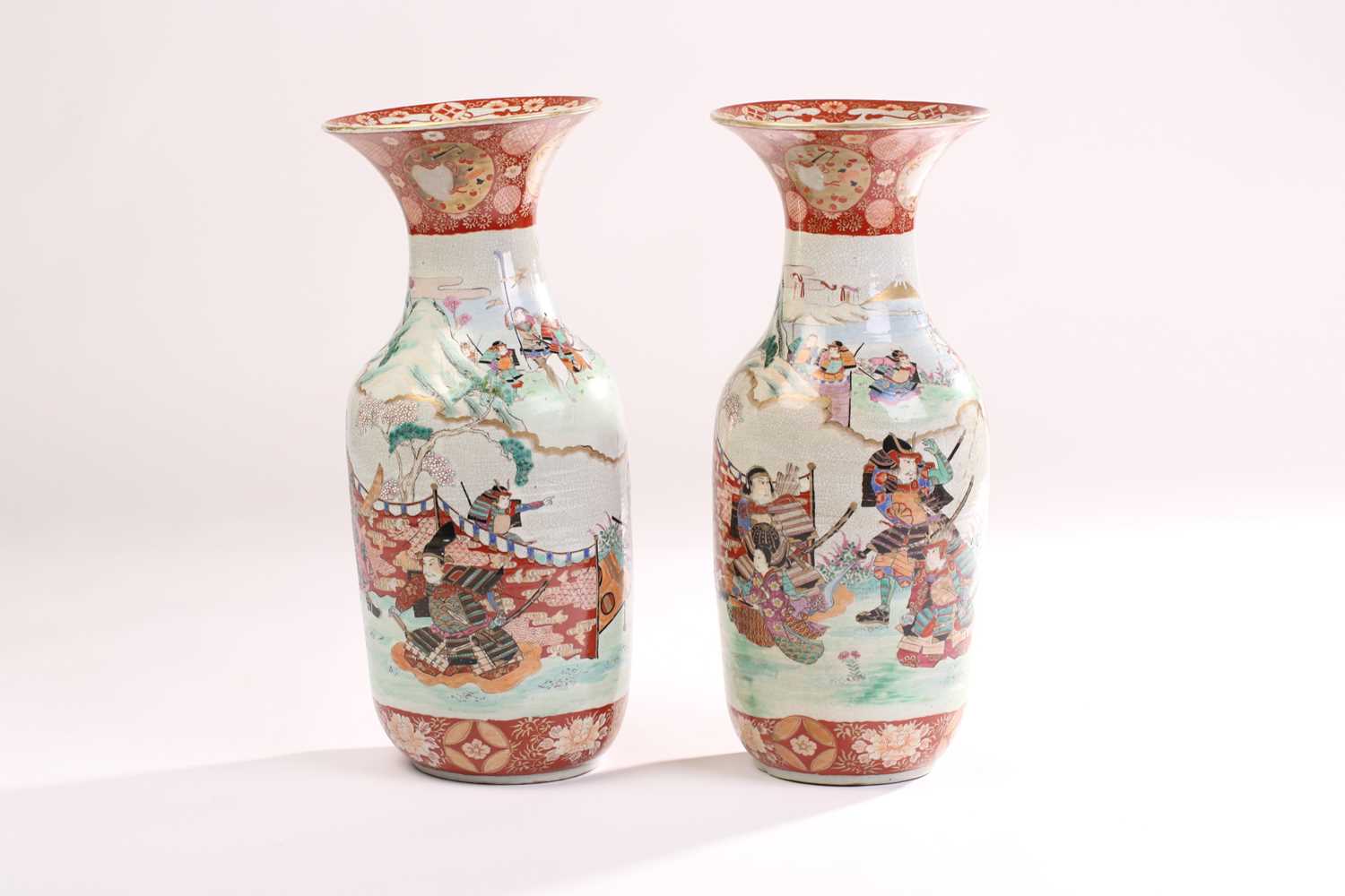 A large pair of Japanese porcelain baluster vase with flared necks. 20th century. Painted with - Image 2 of 6