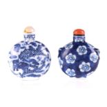 Two Chinese blue & white moon form snuff bottles, late Qing - 20th century painted either side