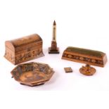 A small collection of 19th century Tunbridge ware, comprising a dome topped tea caddy, 19.5cm, a