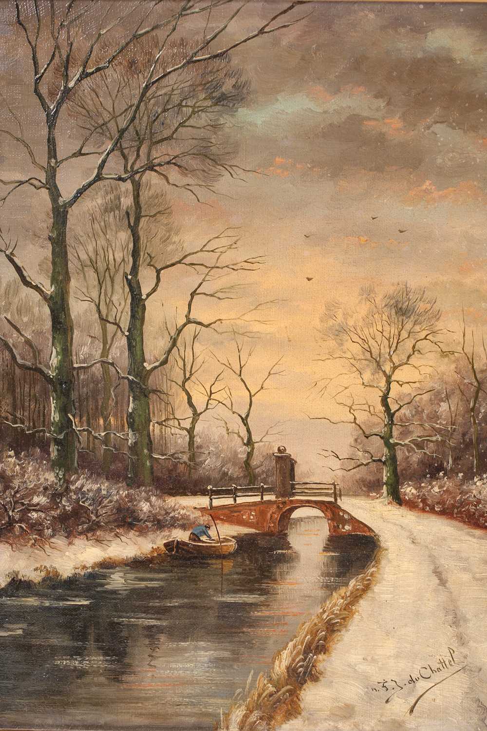 Frederik Jacobus Van Rossum Du Chattel (1856-1917) Dutch, a wintry river landscape at sunset, oil on - Image 8 of 8