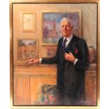 Timothy J Clark (b.1951) American, half-length portrait of a smartly dressed man, oil on canvas,
