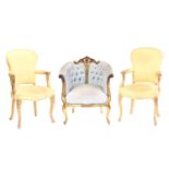 A pair of "French Hepplewhite" design carved wood and gilt gesso library armchairs, 19th century,