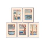 After Utagawa Hiroshige (1797 - 1858), five woodblock prints from the Views of Edo series,