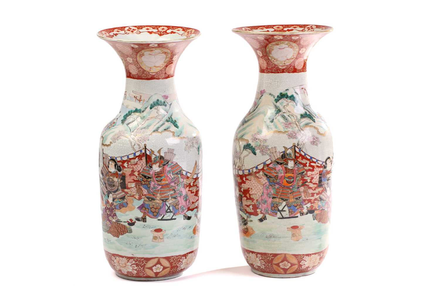 A large pair of Japanese porcelain baluster vase with flared necks. 20th century. Painted with