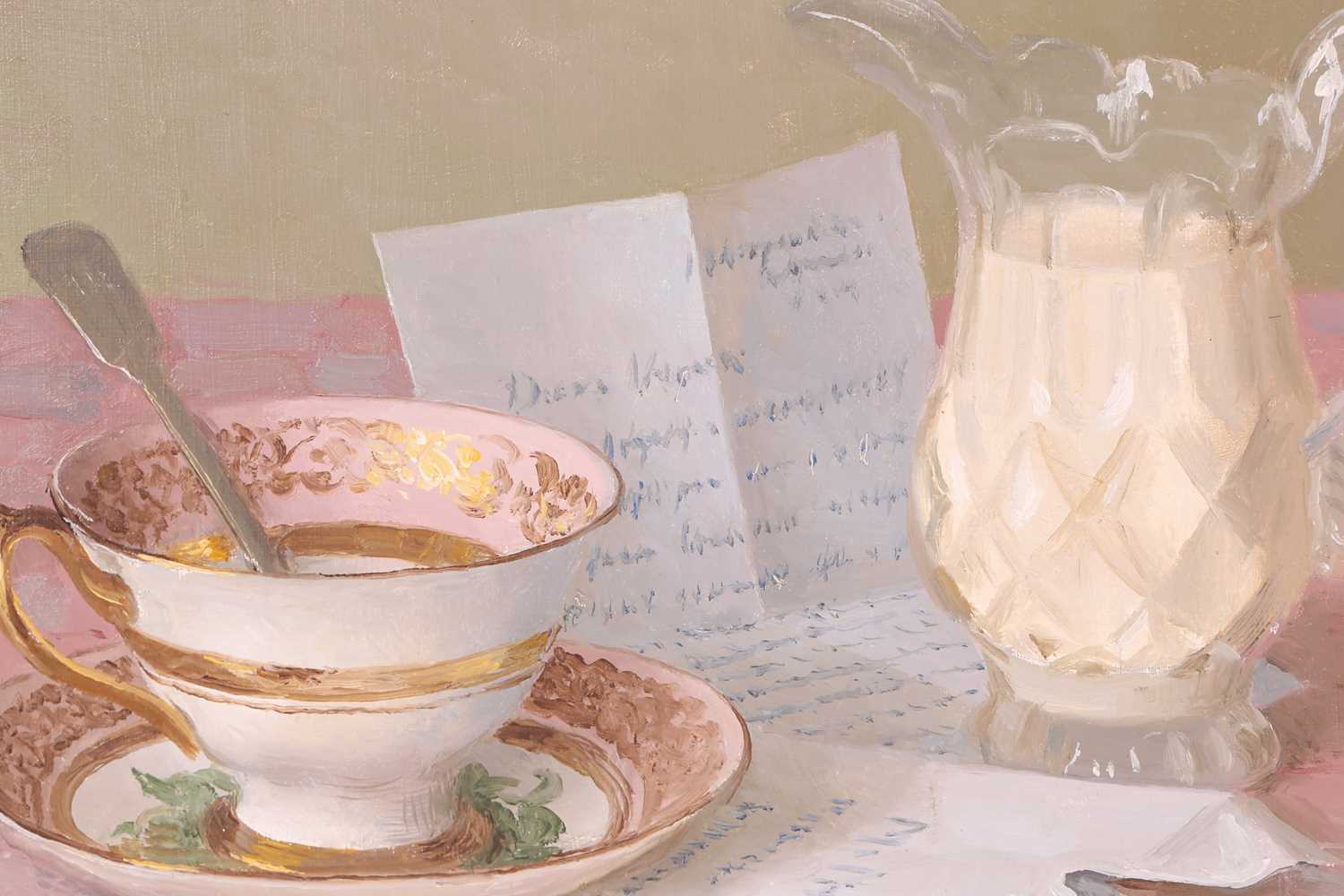 Gerald Norden (1912-2000), 'Cup of Tea with a Letter', still life oil on board signed and dated - Image 5 of 7