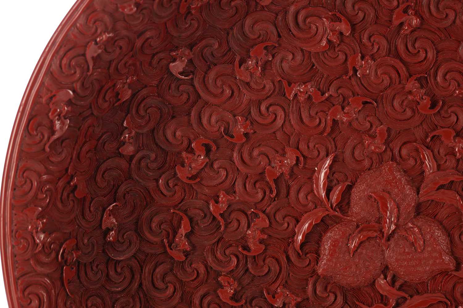 A Chinese cinnabar lacquer dished bowl, 20th century, decorated with three peaches to the centre - Image 6 of 20