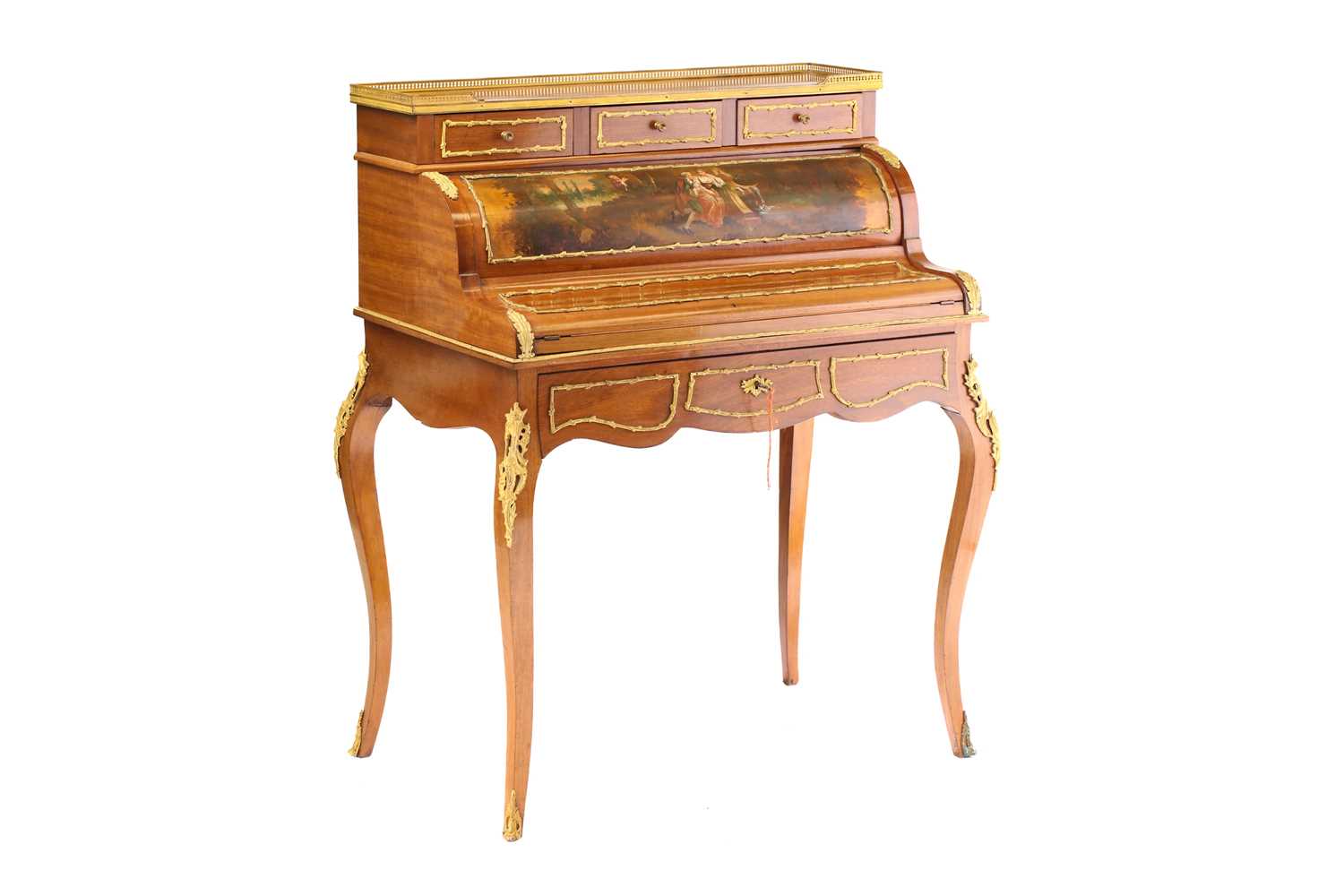 A Louis XVI style piano topped mahogany bonheur du jour the upper section with cylinder panel