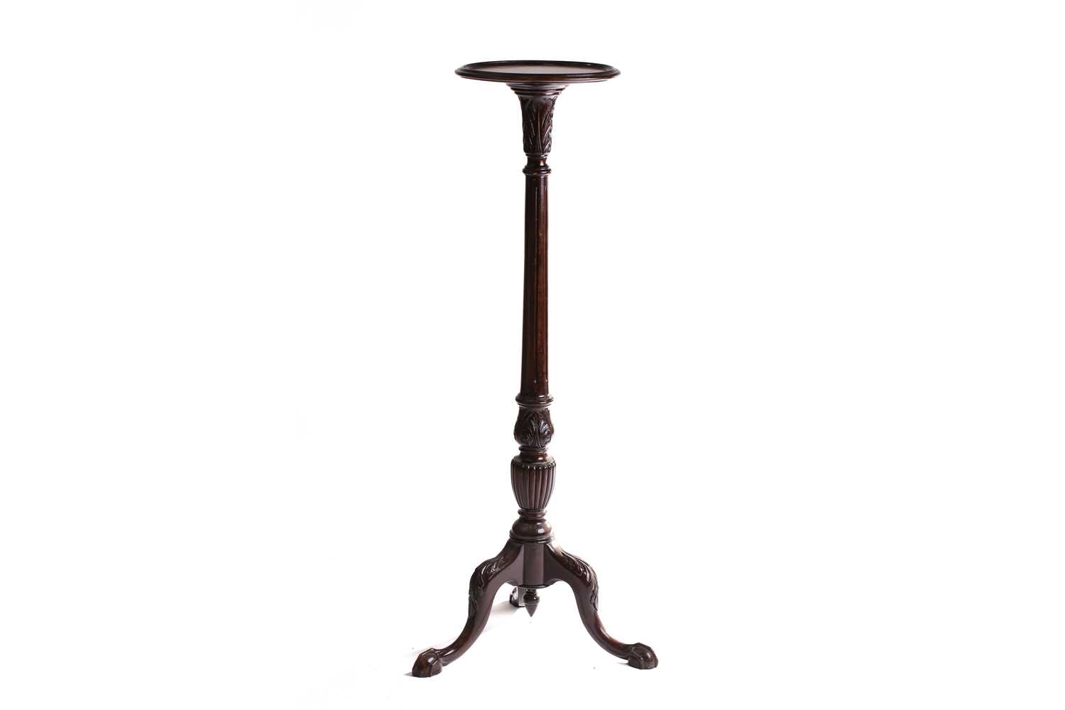 A George III style mahogany pillar torchere with dish top and tripod base, 122 cm highNo apparent