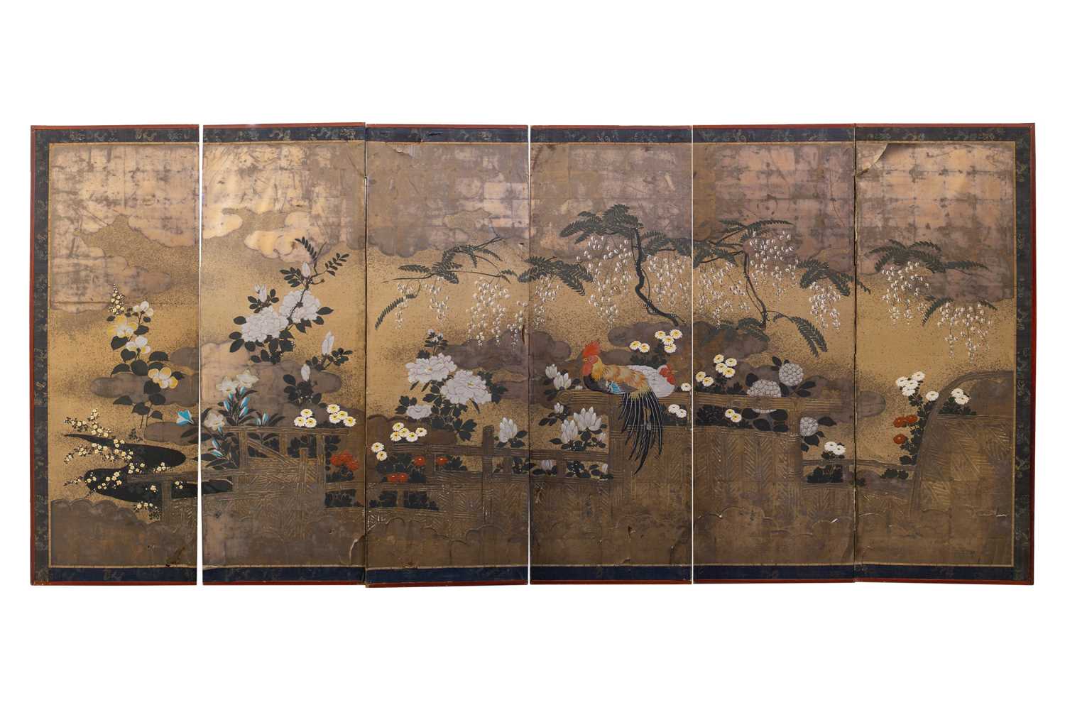 A Japanese six-panel Byobu screen, Edo, early 19th century. Painted with ornamental Chabo bantams in