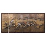 A Japanese six-panel Byobu screen, Edo, early 19th century. Painted with ornamental Chabo bantams in