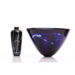 A Scottish art glass bowl designed by Morag Gordon, the dee sided blue glass body with etched