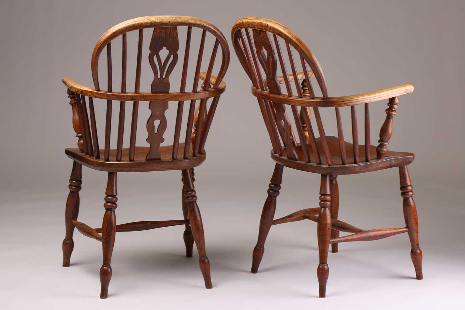 A close pair of 19th-century elm and ash hoop backed Windsor open armchairs with pierced " - Image 3 of 5