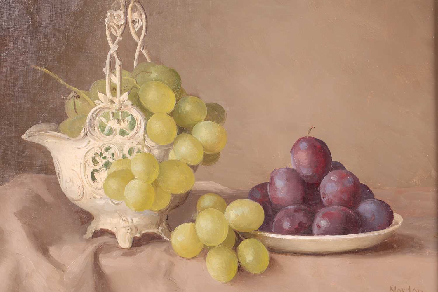 Gerald Norden (1912-2000), 'Grapes and Plums', still life oil on board, signed and dated 1983, 22. - Image 6 of 7