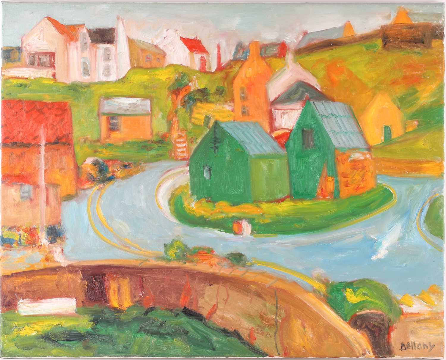 John Bellany (1942-2013), Houses, acrylic on canvas, signed to lower right corner, 61 cm x 76 cm.