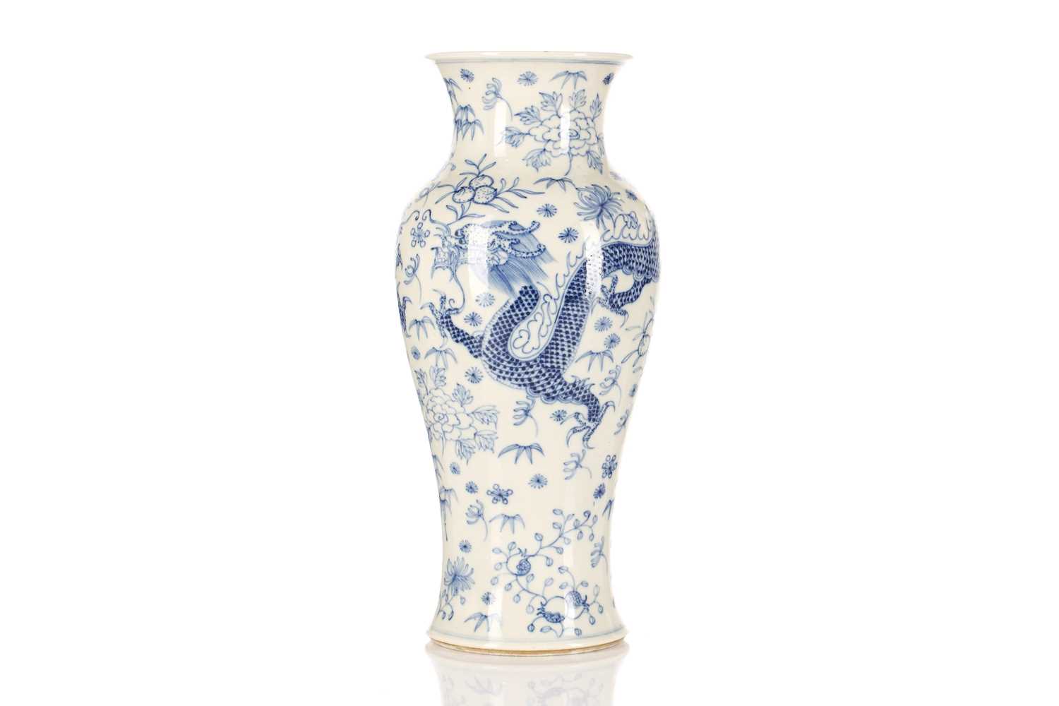 A Chinese blue & white porcelain dragon vase, painted with two opposing dragons amongst auspicious