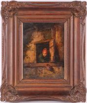 17th century style Dutch school, a woman at a window, oil on board, late 19th or early 20th century,