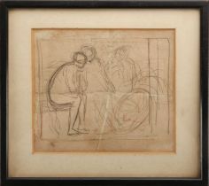 English school, late 18th - early 19th century, a pencil sketch of three seated figures, one with