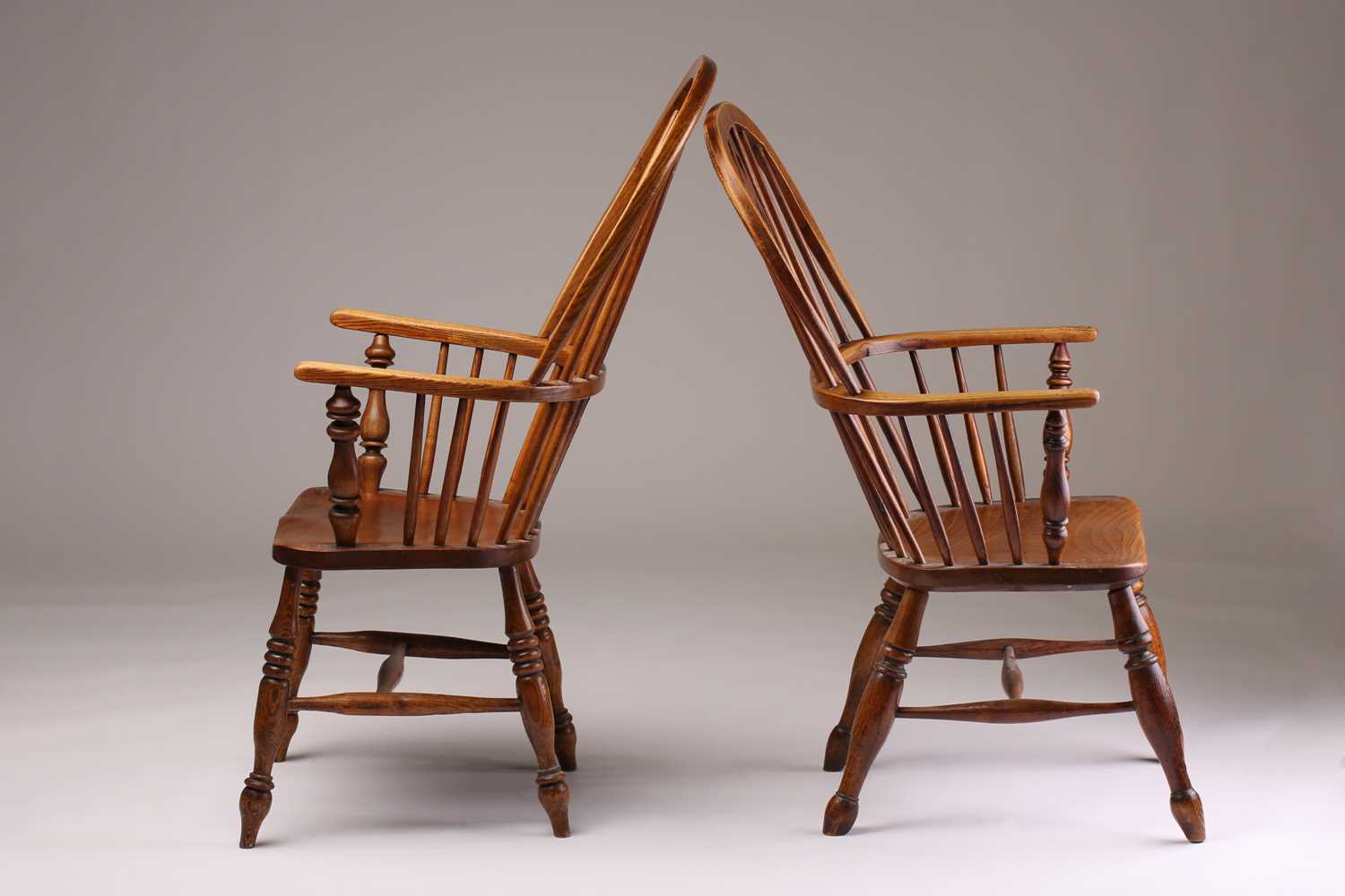 A 19th century Windsor high hoop back elm and ash armchair and one other similar, both with saddle - Image 5 of 5