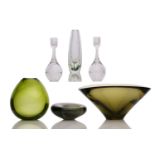 Scandinavian vintage glassware, comprising a green glass Disko bowl and Drop vase and a pewter