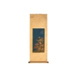 A Chinese scroll painting on silk, painted with quail and spider chrysanthemums, signed Shou Ping,