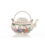 A Chinese famille rose teapot, Qing, early 20th century, the cover painted with trees and mountains,