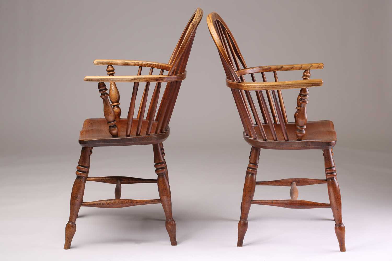 A close pair of 19th-century elm and ash hoop backed Windsor open armchairs with pierced " - Image 4 of 5