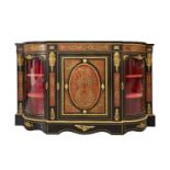 A Victorian ebonized and red Boulle inlaid credenza fitted a central cupboard door with a raised