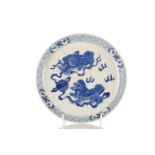 A Chinese blue & white dished plate, painted with two playful shishi chasing a ball with ribbons