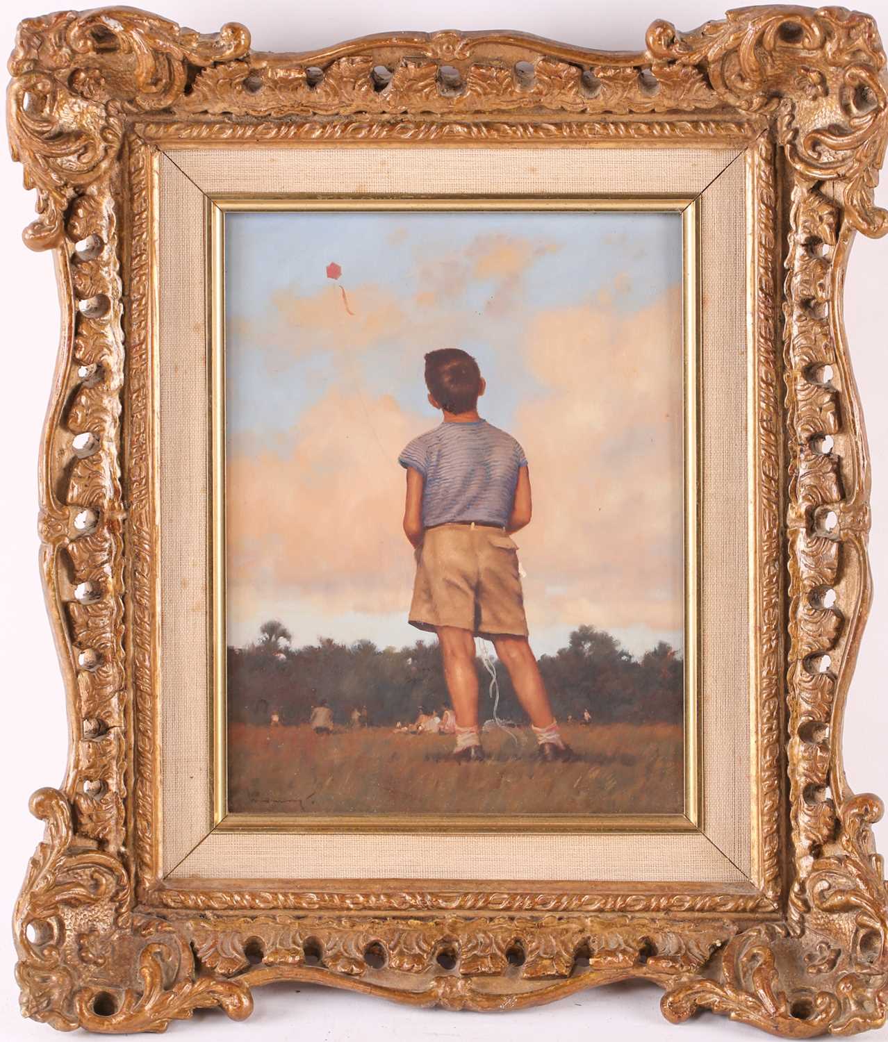 20th century British school, study of a boy flying a kite on a summer's day, indistinctly signed oil