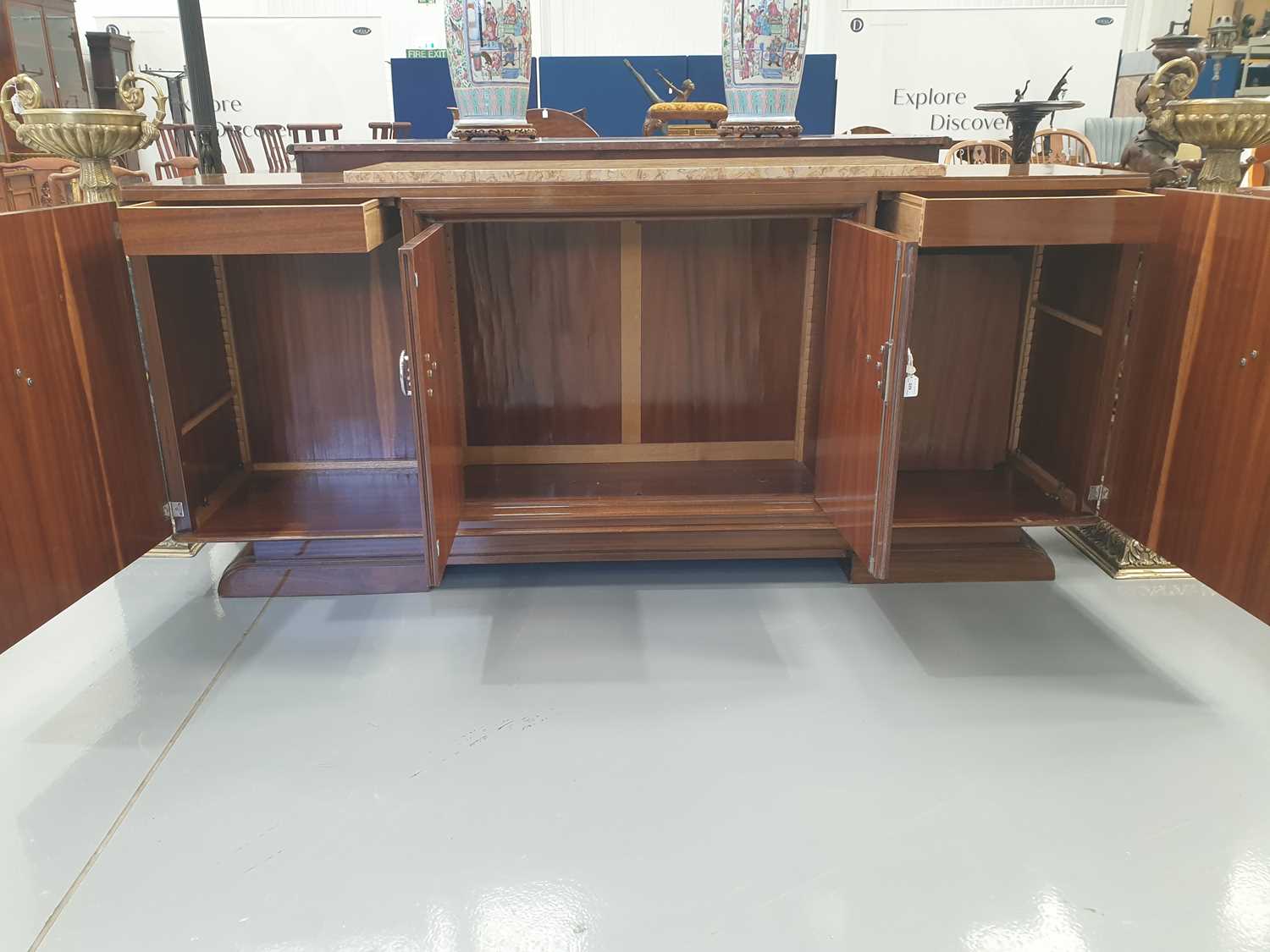 A Continental Art Deco walnut sideboard with raised marble top with central recessed cupboards - Image 10 of 26